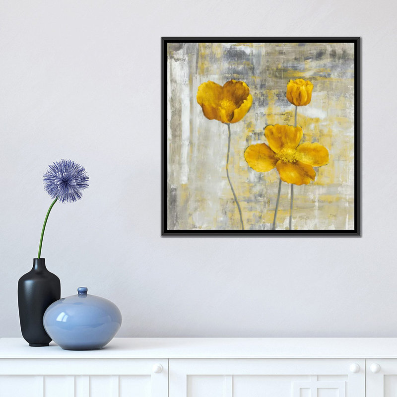 « yellow fleurs ii », impression sur toile, H 18 po x l 18 po x P 1,5 po, Toile avec cadre noir, Pas de tapis