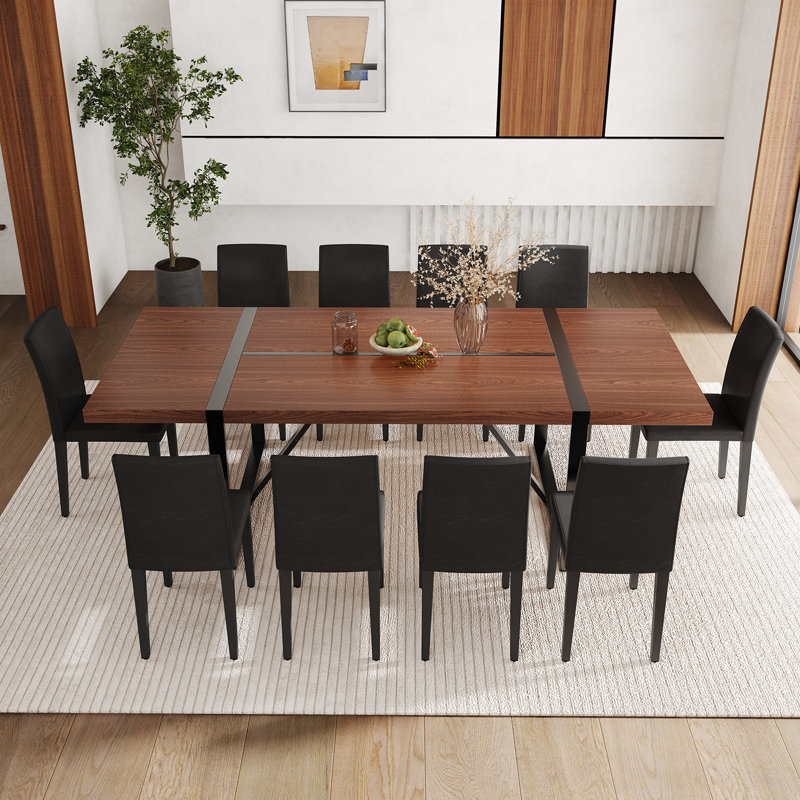 Ensemble de table de salle à manger en bois 87 po avec chaise rembourrée en cuir PU, 11 pièces: table, 10 chaises, Noyer