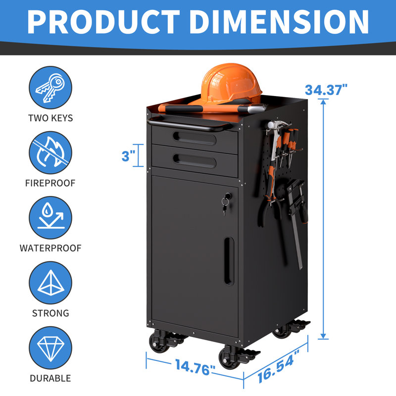 Narrow Rolling Tool Cabinet with Large Handle, Space-Saving Lockable Storage for Garage and Workshop, 34.3"H x 14.7"W