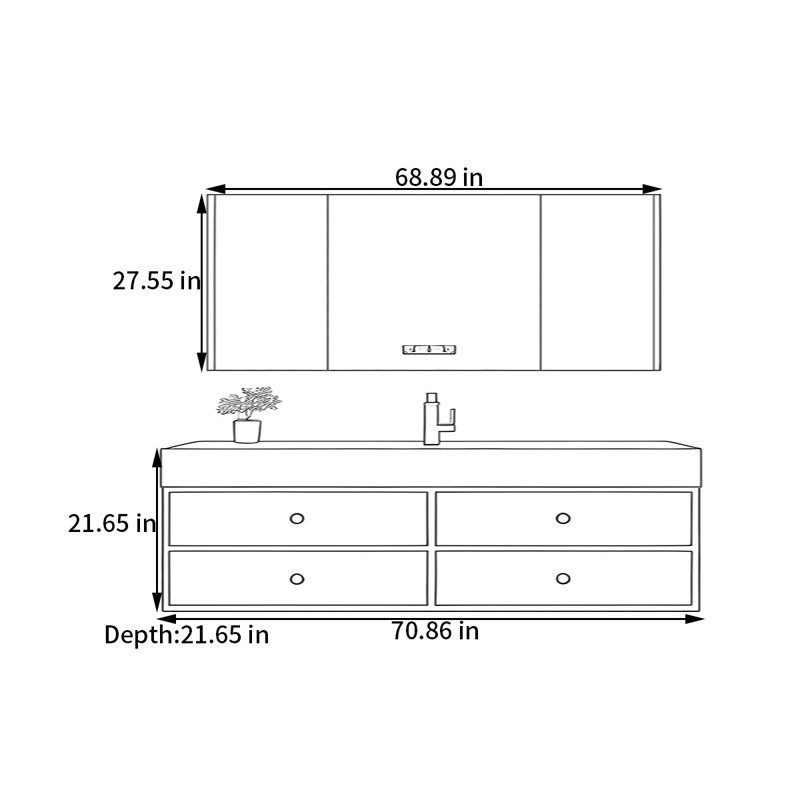 Middle ancient style intelligent bathroom cabinet, H 21,65 po x l 70,86 po x P 21,65 po, Burlywood