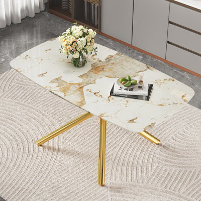  Table de salle à manger luxueuse en verre trempé à motif de marbre blanc avec pieds fourchettes en métal doré, table de luxe rectangulaire, table de cuisine professionnelle moderne pour 4 à 6 personnes