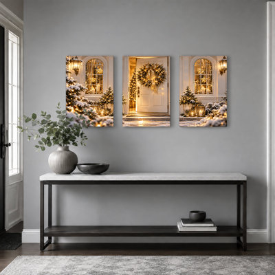 White Front Door With Gold Wreath And Christmas Set Of 3 Canvas Wall Art