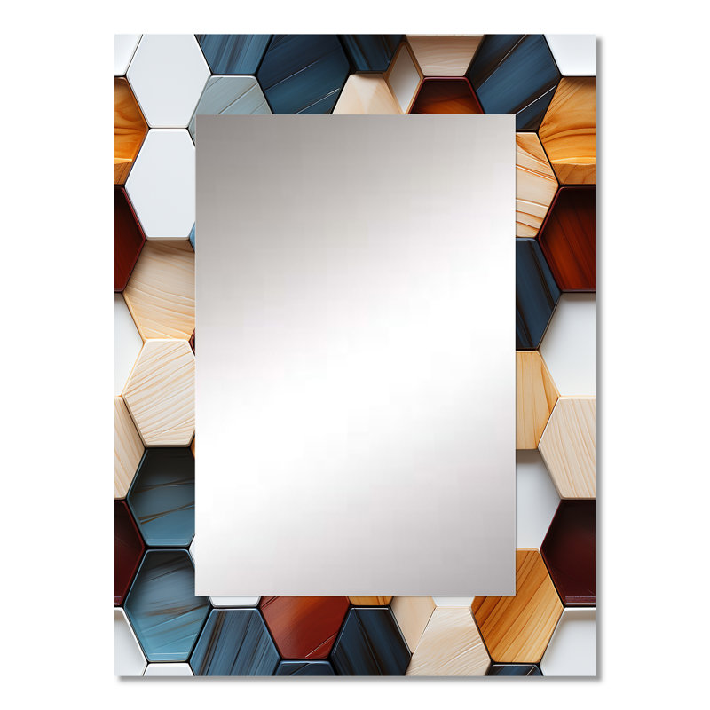 Orange And Grey Hexagons Angularity - Geometric  Decorative Mirror, Modern Large Wall Mirror, Printed Metal Art, 32" x 24"
