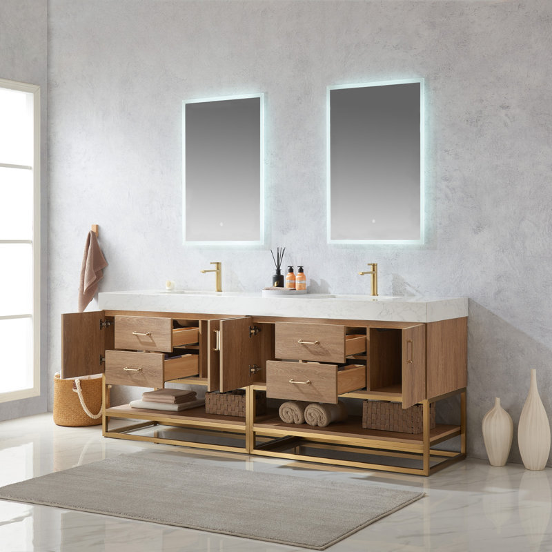 Ensemble de meuble-lavabo double 84 po avec miroir Alistair, Or, Chêne naturel, Blanc