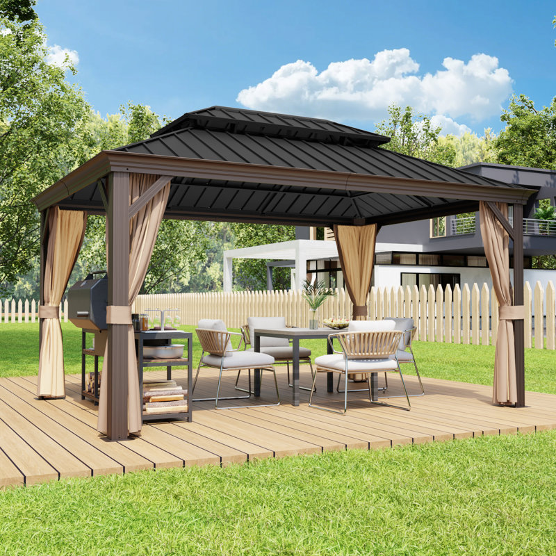 Pavillon de jardin d'extérieur à toit rigide en acier à 2 niveaux de 14 pi x l 10 pi avec protection totale en filet