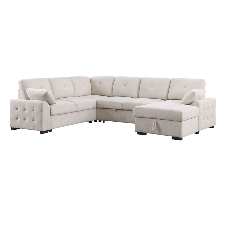 Canapé d'angle multi-fonctionnel en forme de L avec rangement et lit convertible, Beige