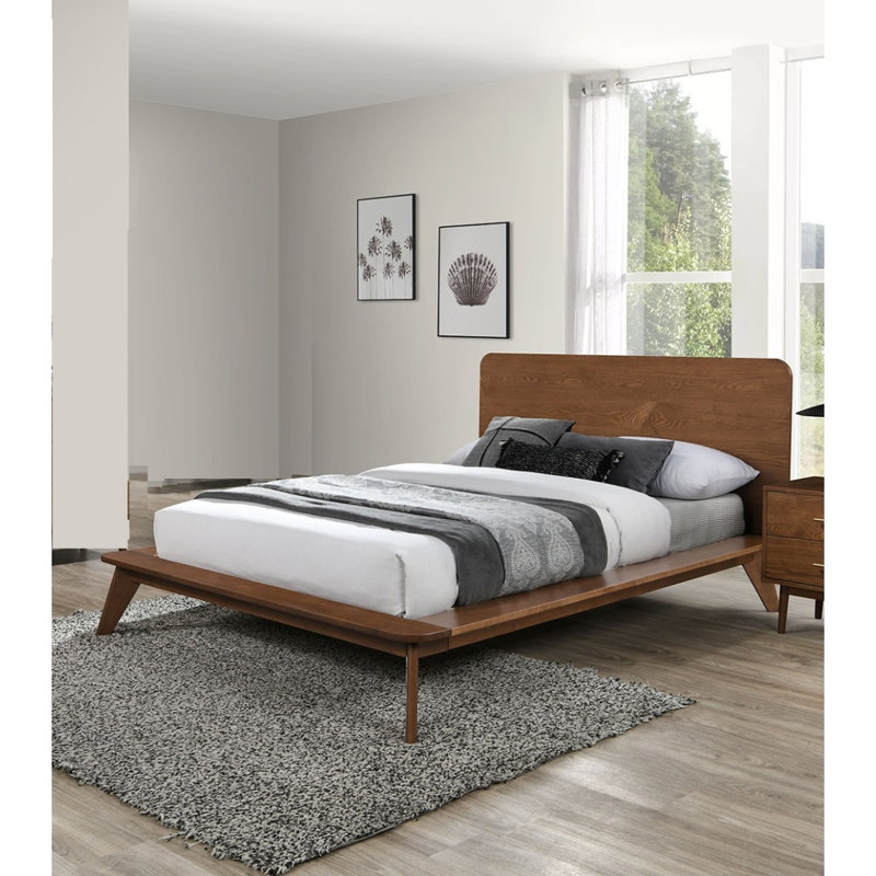 Base de lit en noyer massif avec placage en bois massif et cadre de lit plateforme de style moderne Mid-Century, Grand lit