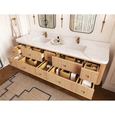 Hampton Floating Oak 84 In. W X 22 In. D Double Sink Bathroom Vanity In Dark Natural With 2 In. Quartz