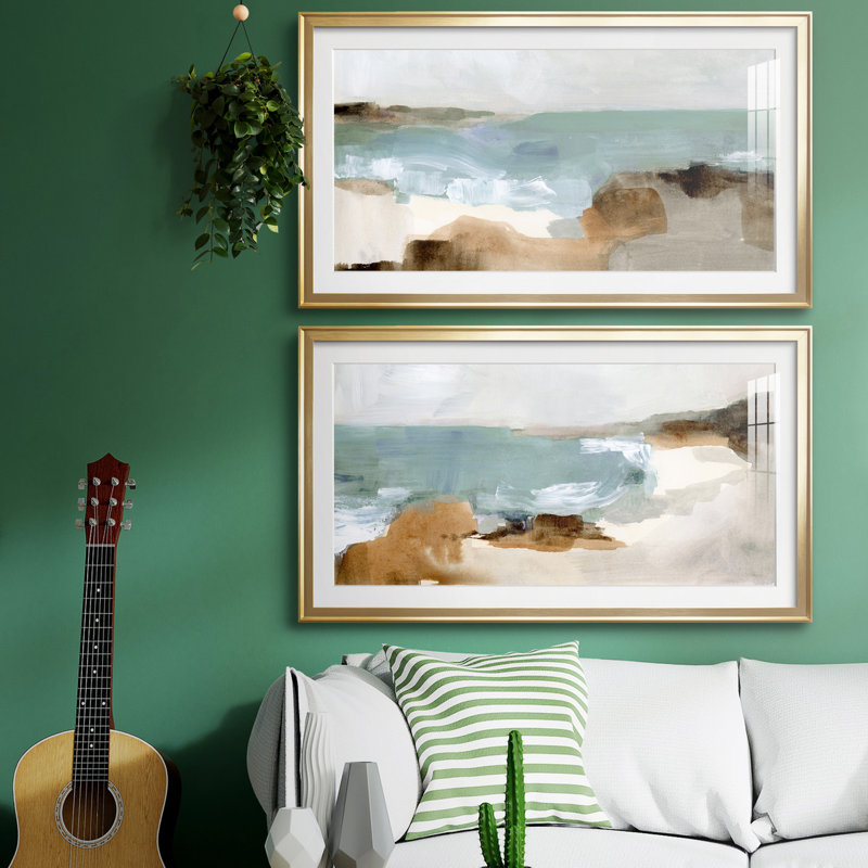 «Ocean Sigh III», ensemble de 2 peintures encadrées, Papier encadré doré, H 14,5 po x l 53 po x P 1,5 po, Blanc