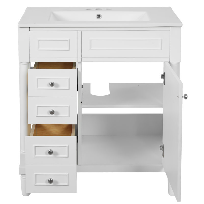Meuble-lavabo de 30 pouces avec lavabo, 2 tiroirs et porte - Conception fonctionnelle, construction en bois massif, rails de tiroir lisses, lavabo, espace de rangement autoportant de style moderne 30 po, pieds, fonctionnement,