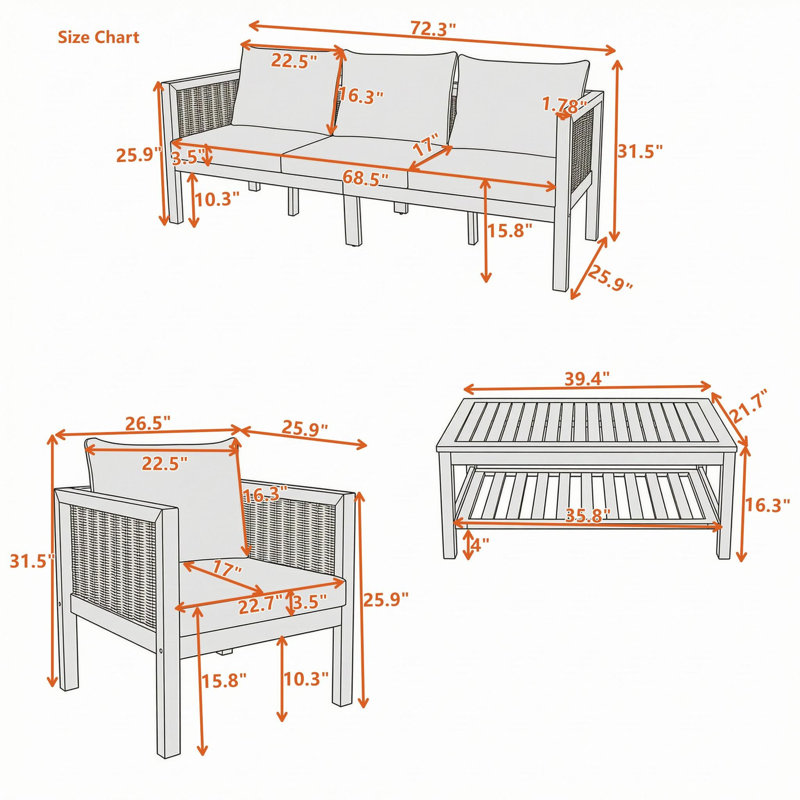 Ensemble de conversation d'extérieur 4 pièces en bois d'acacia et en rotin avec canapé, 2 fauteuils, table basse de rangement et coussins