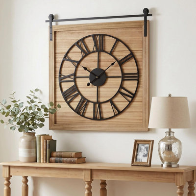 Grande horloge murale de style campagnard, cadre carré unique en bois massif rustique avec tringle en métal, mouvement à quartz silencieux (blanc)