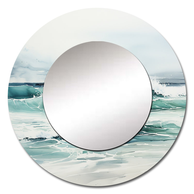 Turquoise, minimalisme, eaux tranquilles - miroir décoratif minimaliste, miroir mural rond côtier, impression d'art en métal