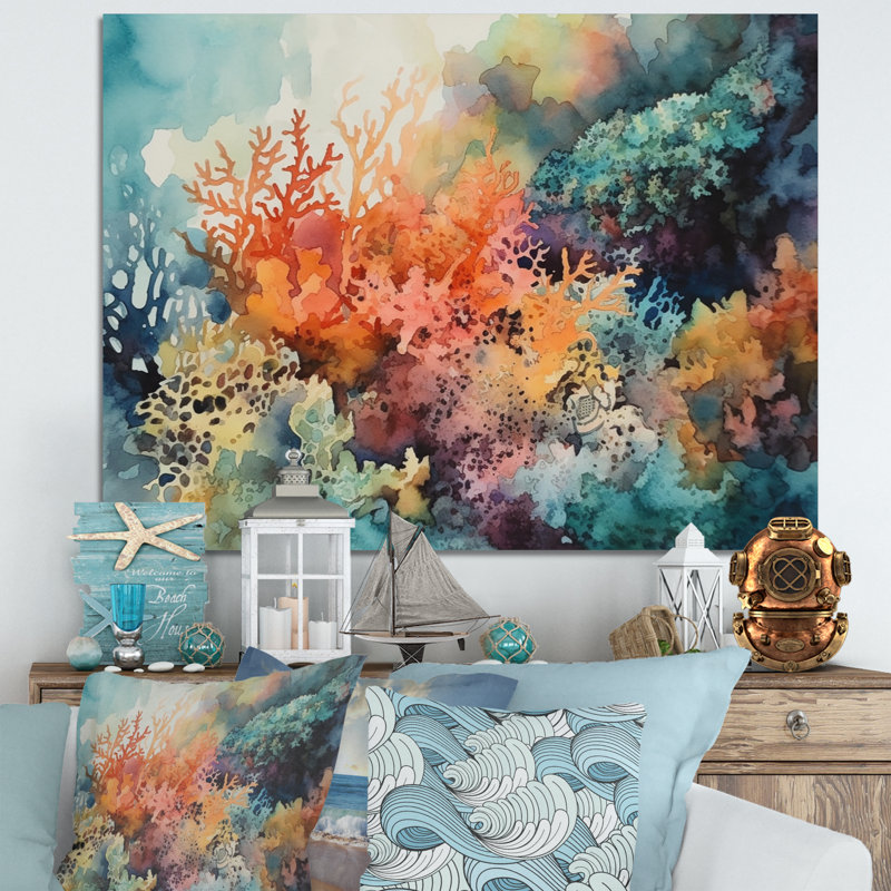 «Vibrant Coral Reef I - Modern Beach», art mural, Toile tendue, H 16 po x l 32 po x P 1 po