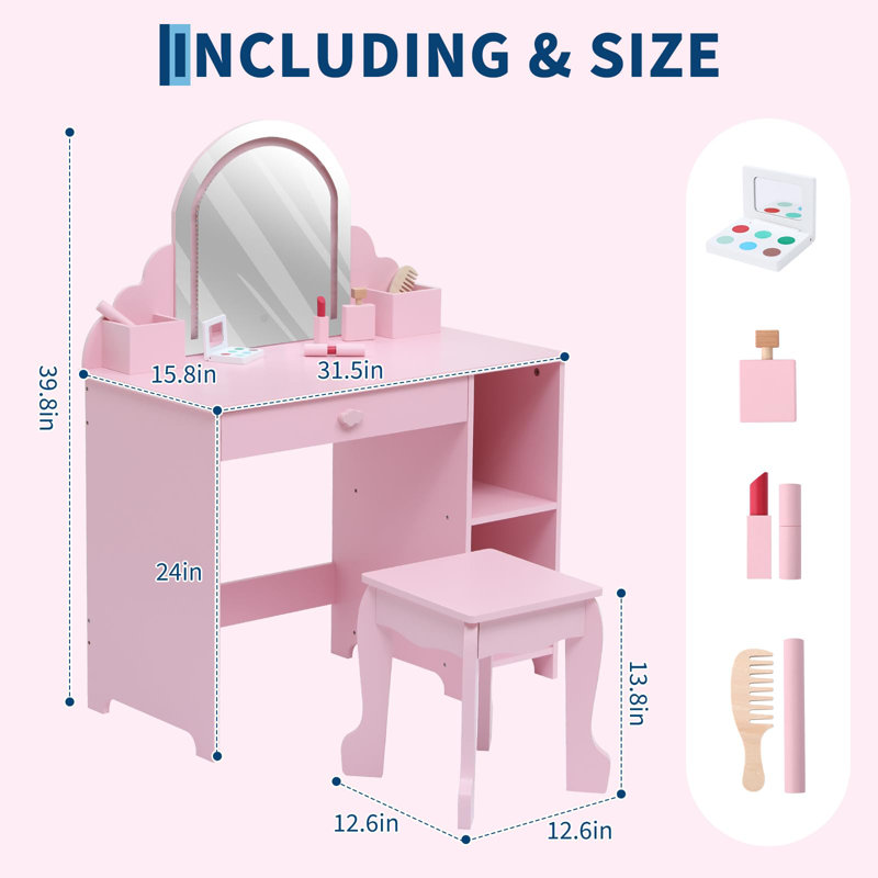 Kids Vanity Table and Chair Set, Girls Dressing Table with Storage Shelves & Drawer, Children Study Desk with Storage Grids