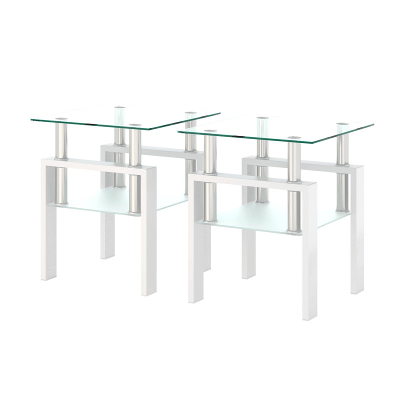 Set Of 2, Modern Tempered Glass Tea Table Coffee Table End Table, Square Table For Living Room, White