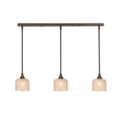 3 Light Sebring Hung Linear Pendalier Shown In Bronze Finish With 6" Amber Textured Glass