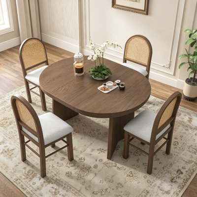 TREXM 5-Piece Round Dining Table Set For 4, Retro Extendable Dining Table Set With 4 Upholstered Chairs, Kitchen Table And Chairs Set For Dining Room And Kitchen (Walnut+Beige)