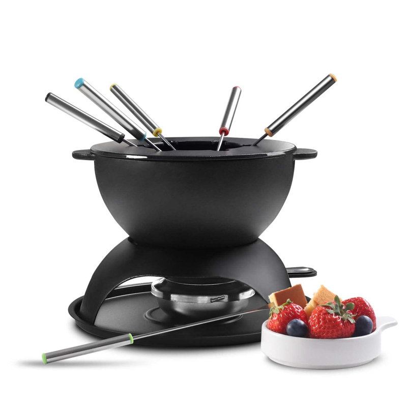 Black Cast Iron Fondue Pot with 6 Colored Forks