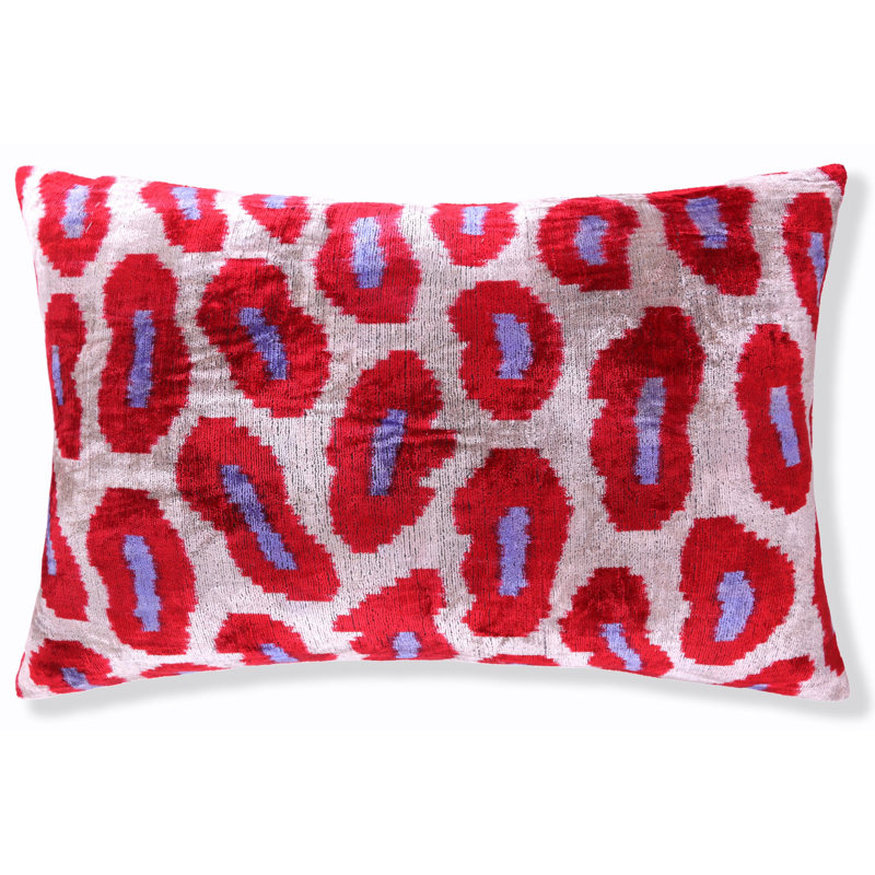 Coussin en velours fait à la main - motif ovale rouge, 16 x 24 po