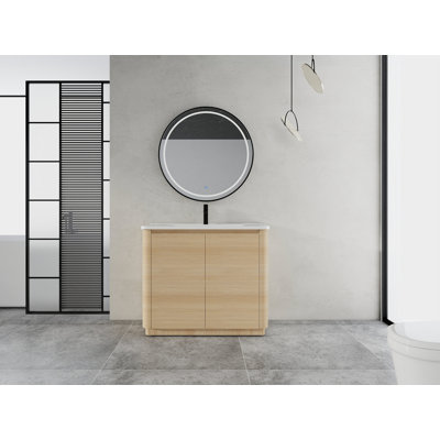 Meuble-lavabo autoportant de 40 po avec lavabo en céramique blanche et 2 portes à fermeture douce, emballage KD, contreplaqué