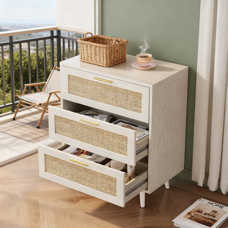 Table de chevet en rotin avec 3 tiroirs, table de bout avec rangement Boho, table de chevet en bois pour la chambre à coucher et le salon