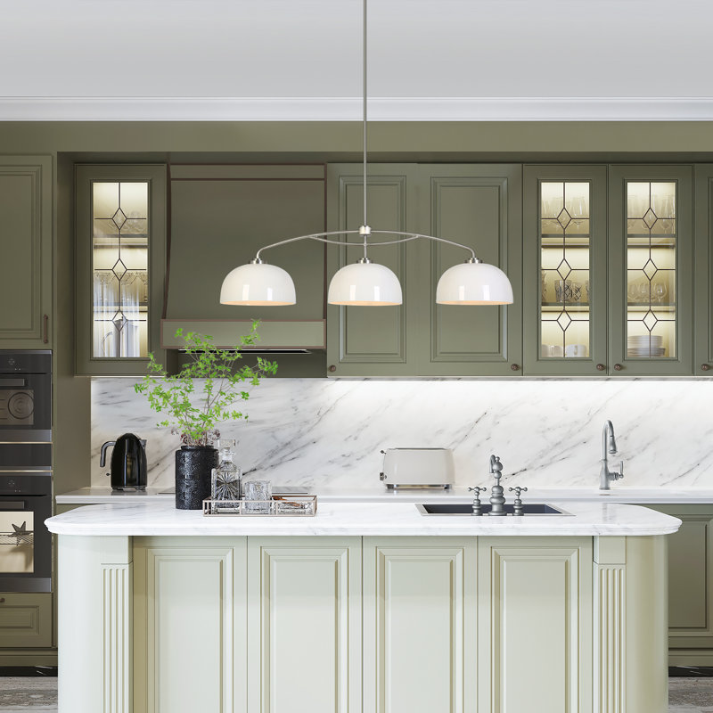 3-Light White Brushed Nickel Dome Pendant For Kitchen Island