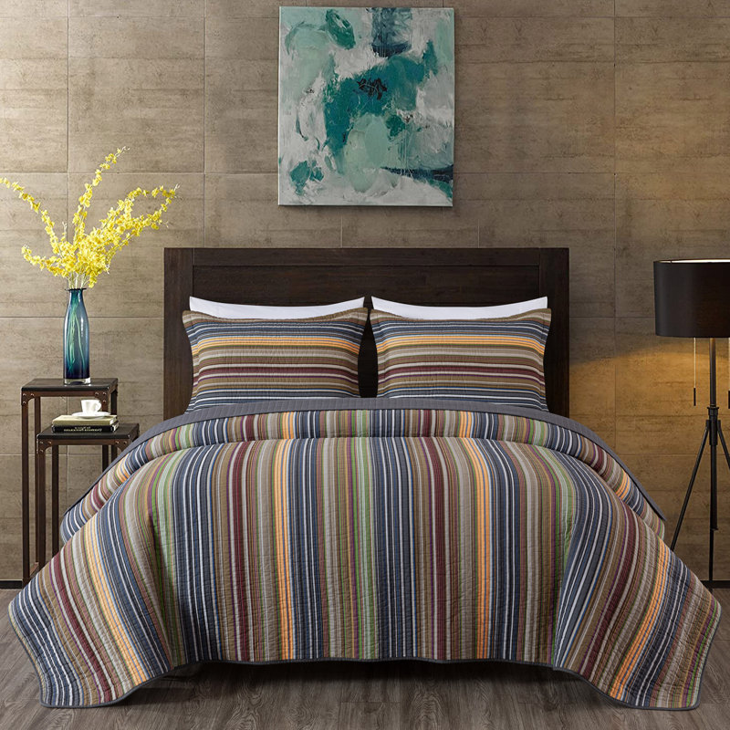 Avery Striped Pre-Washed Cotton Quilt Set, Green/Navy/Brown, Oversized King Quilt + 2 King Shams