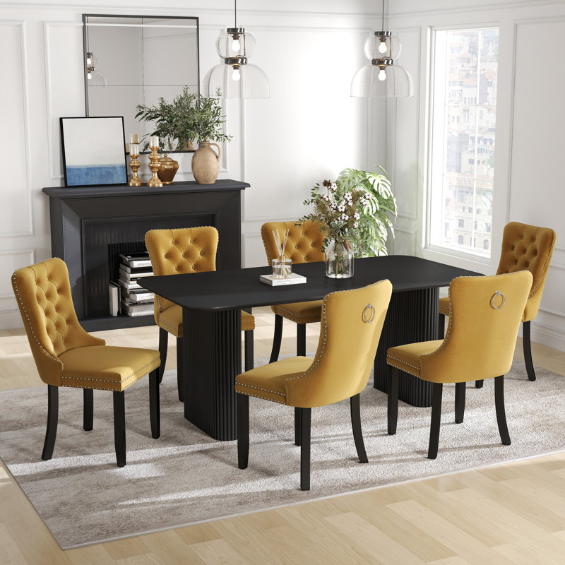 Ensemble de salle à manger rectangulaire à double piédestal avec table de salle à manger de style crème, 7, Jaune