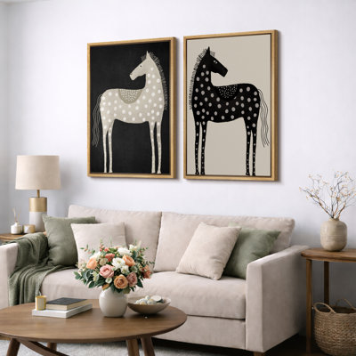 «Black and White Horse Animal Abstract Boho Living Room», reproduction d'art sur toile encadrée