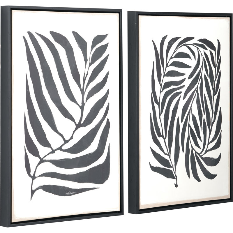 S/2 Black Leaf Print Canvases - 2 Piece Single Picture Frame Set on Canvas