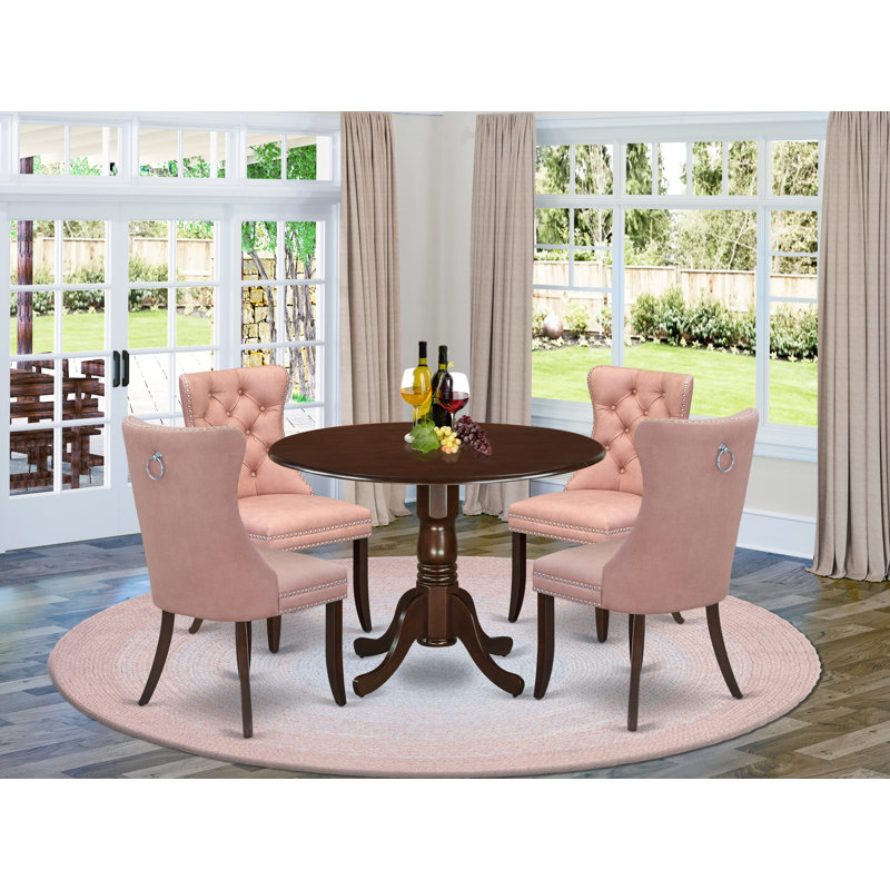 5 Piece Dining Table Set Contains a Round Kitchen Table with Dropleaf and 4 Upholstered Chairs, Black, Beige/Black