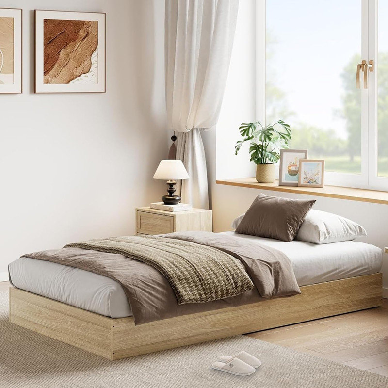 Wood Platform Bed Frame Without Headboard, Wood Slat Support No Box Spring Needed, Easy Assembly Minimalist, Twin, Cream