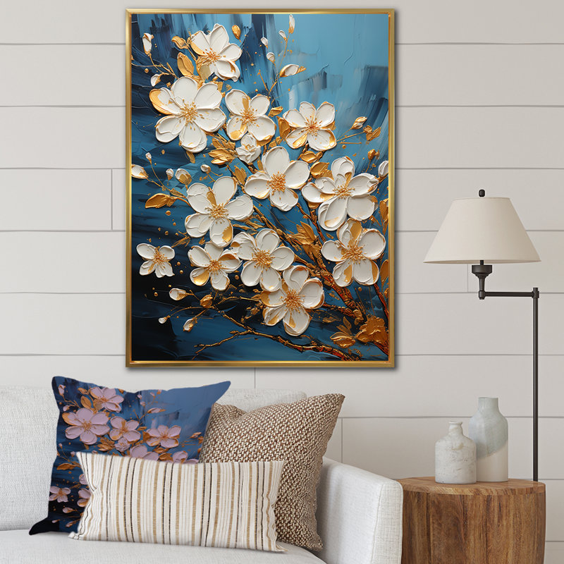 Golden Plumeria Radiance Flowers, reproduction d'art sur toile, Cadre flottant doré, H 40 po x l 30 po x P 1,5 po