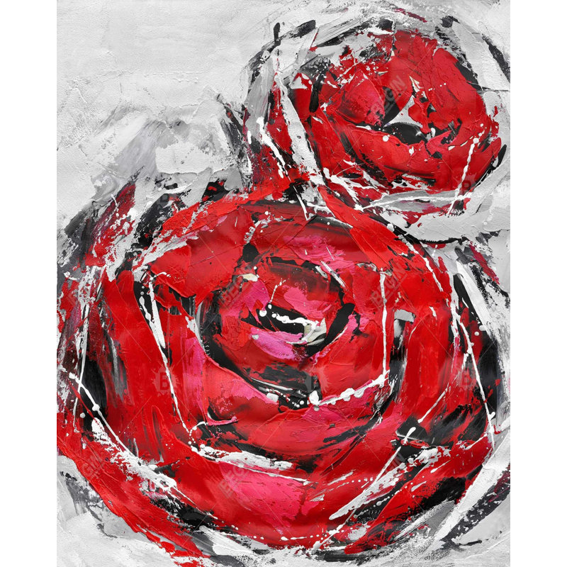 Abstrait roses rouges - chambre à coucher grise, art sur toile pour la décoration intérieure