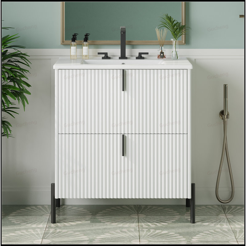 Meuble-lavabo autoportant 30 po avec poignées verticales et lavabo en céramique