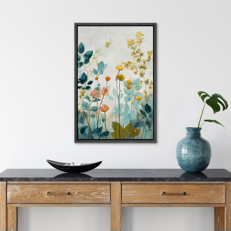 Soft White Wildflower Meadow in Green Tones Wall Art Decor Framed On Canvas Print, H 24 po x l 16 po, Noir