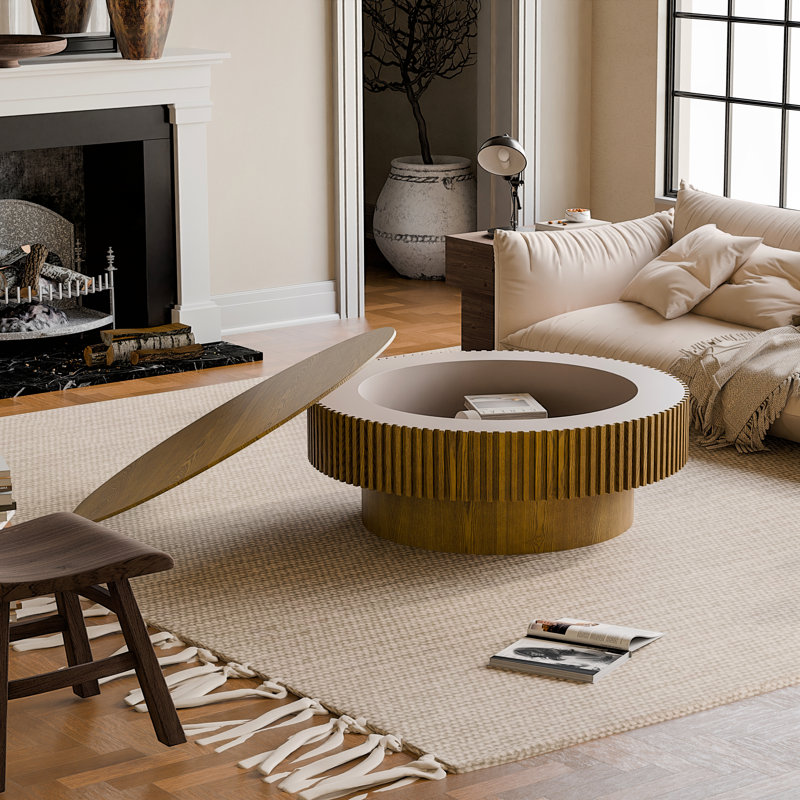 Table basse ronde avec rangement Table d'appoint moderne en placage de bois massif, Brun, 13.78" H x 39.37" W x 39.37" D