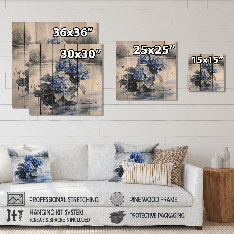 Hortensias au bord de la rivière en monochrome I - décoration murale en bois d'hortensias - sur bois de pin naturel