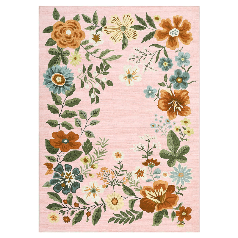 6'x9' Floral Wreath Area Rug, Washable Non Slip Non Shedding Low Pile Stain Resistant Foldable Soft Carpet for Entryway Kitchen Bathroom Pink