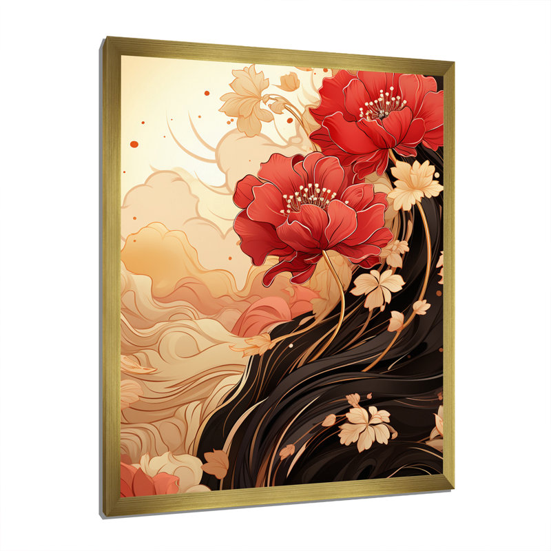 «Red Chrysanthemums on Branch Japanese Retro I», reproduction sur toile, Cadre doré à une seule photo