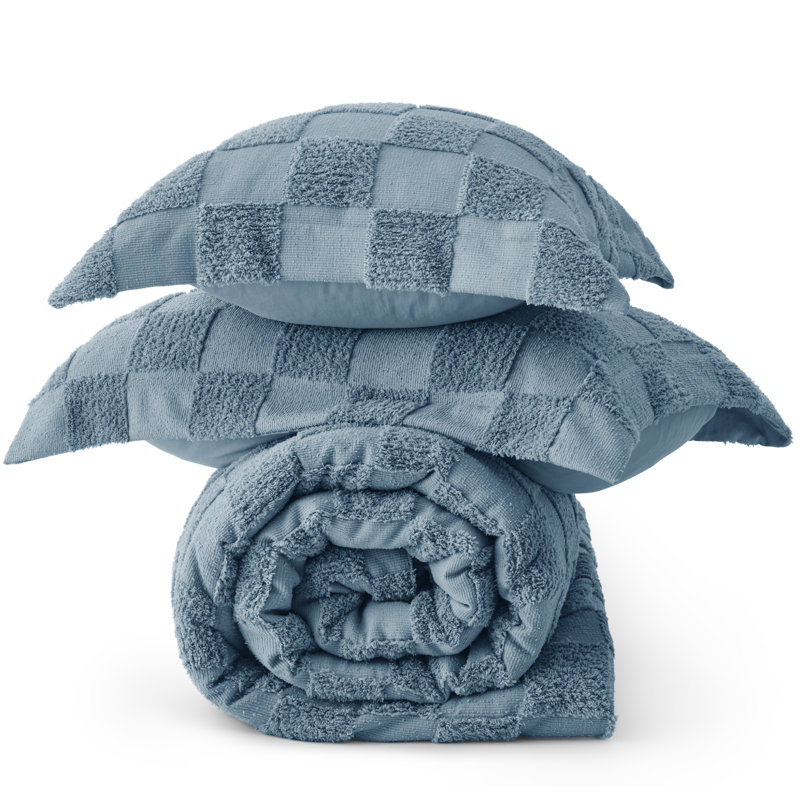 Ensemble d'édredon très grand bleu minéral, ensemble de lit touffeté bohème, literie à carreaux Shabby Chic, 3 pièces, 1 édredon géométrique à carreaux et 2 taies décoratives