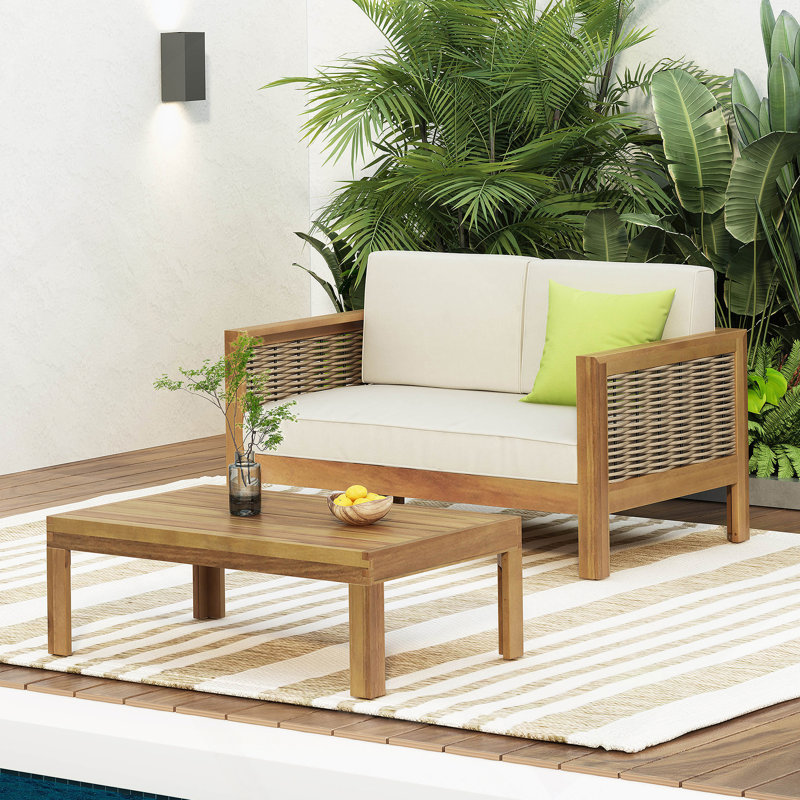 Ensemble de causeuse et table basse d'extérieur en bois d'acacia et osier avec coussins, teck et beige