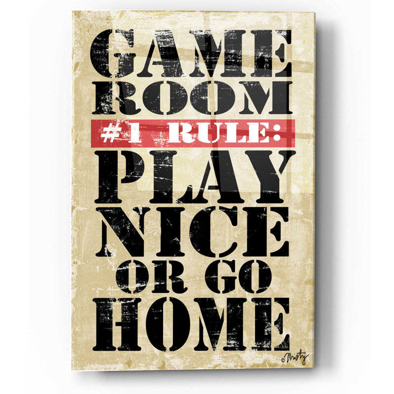 «Game Room # 1 Rules» par Misty Michelle, art mural en verre acrylique, H 16 po x l 12 po x P 0,13 po