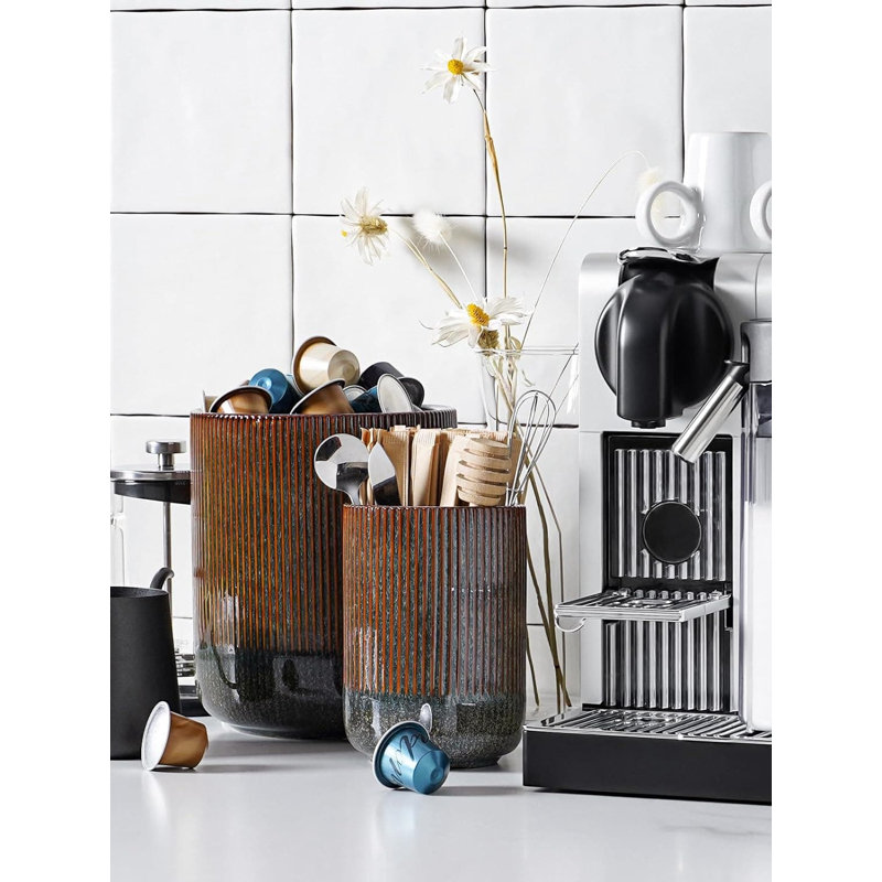 Ceramic Utensil Holder Set of 2 - 7.3"x5.4" Large Countertop Crocks, White Glaze, Modern Spatula Organizer, Dark Olive