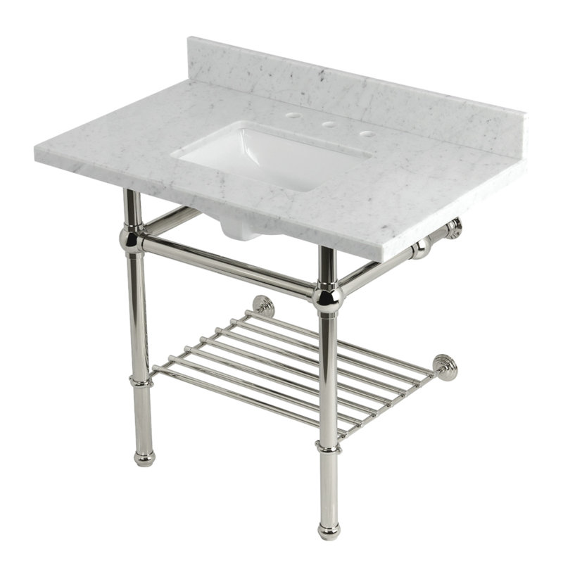 Kingston Brass Templeton 36-Inch Carrara Marble Console Sink with Brass Legs and Shelf (8-Inch, 3-Hole)