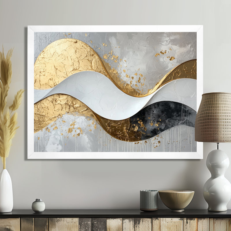 Toile abstraite abstraite «Introspection» en or et blanc I, H 34 po x l 44 po, Blanc, Picture Framed