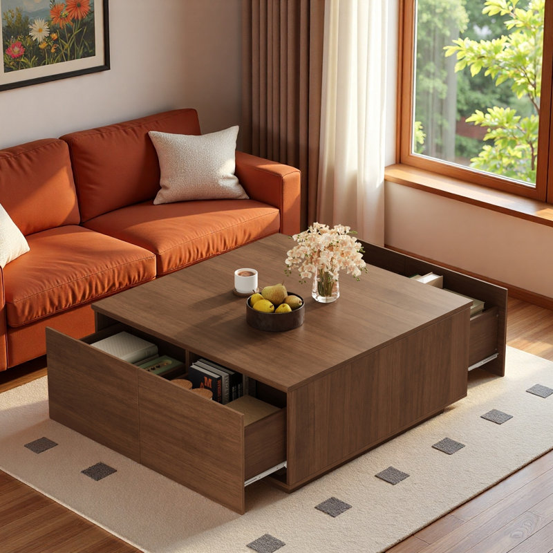 Table basse moderne carrée avec 4 tiroirs, Noyer