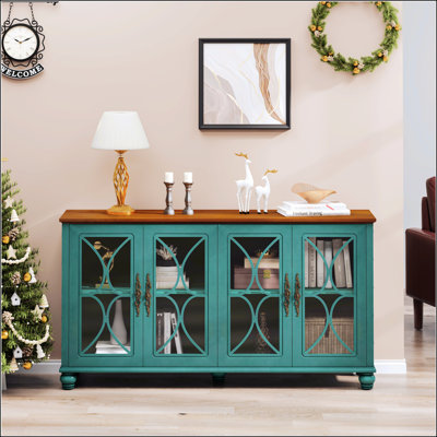 Elegant European Antique Style 4-Door Cabinet With Tempered Glass, Versatile Storage For Dining And Living Rooms