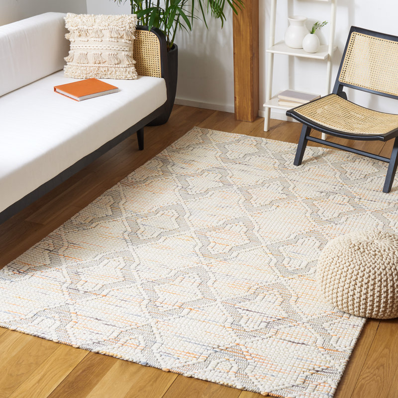Tapis géométrique ivoire / orange tissé à la main à motif géométrique, Rectangle 8 pi x 10 pi